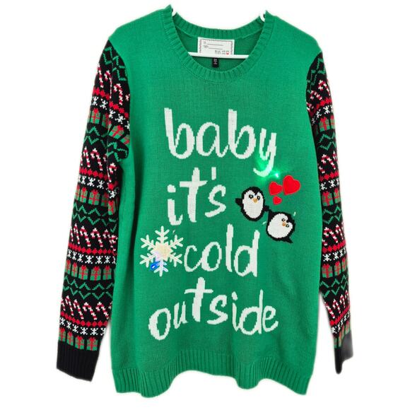 Plus With Love Womans Ugly Christmas Sweater Size 2x Light Up Green Red NWT - Picture 1 of 9